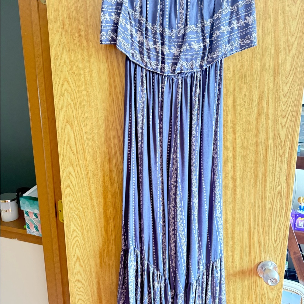 Blue and White Strapless Maxi Dress